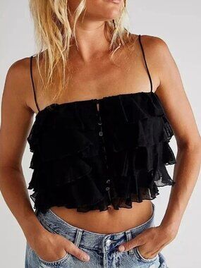 Free People FP One Fauna Tank Black Top Cropped Button-front S